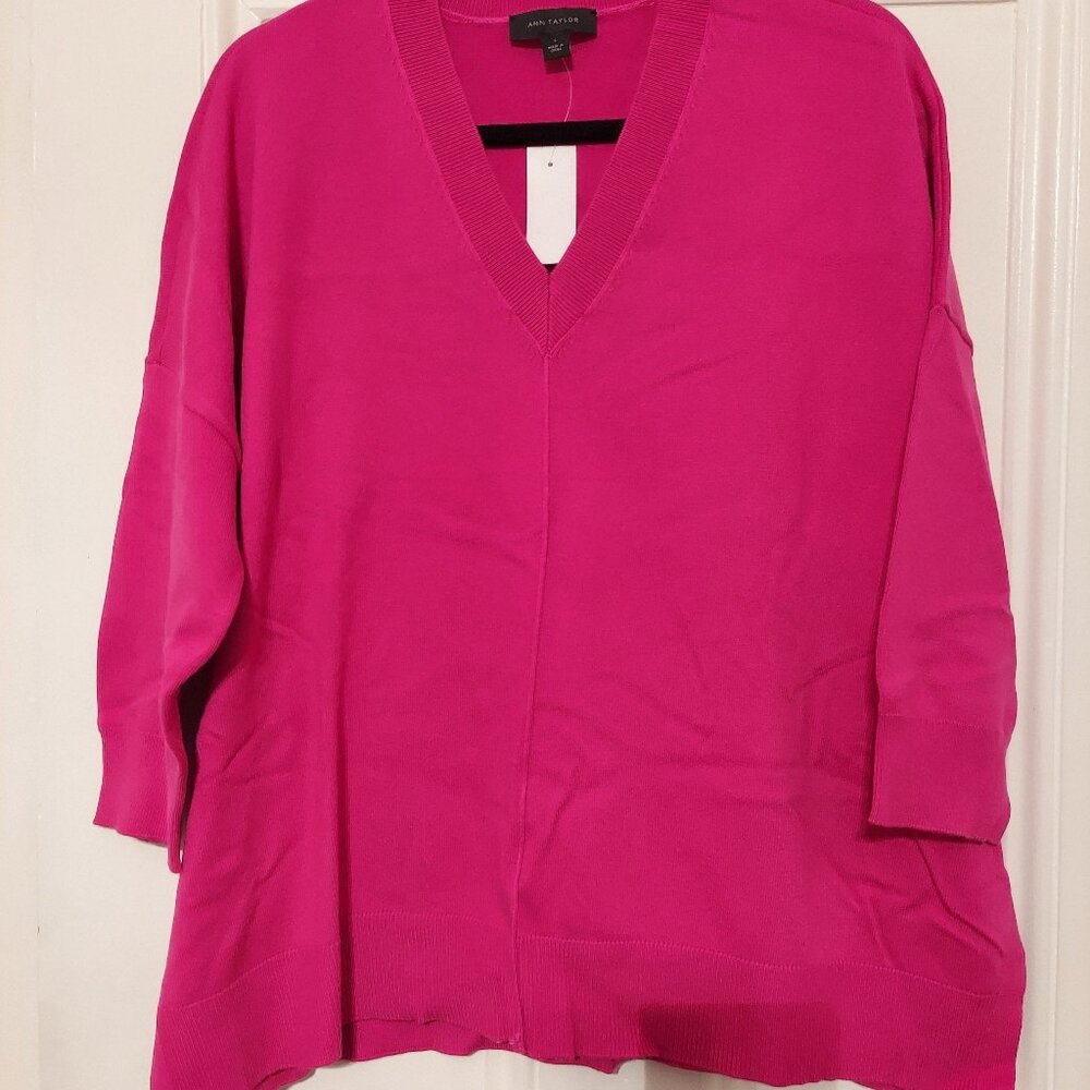 NWT Ann Taylor V Neck 3/4 Sleeve Oversized Sweater Fuschia Pink size L
